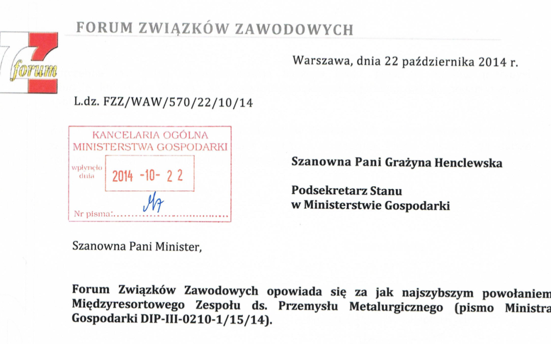 Dot. powołania Międzyresortowego Zespołu ds. Przemysłu Metalurgicznego