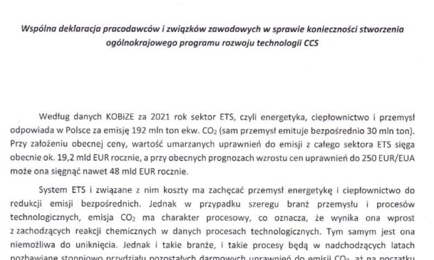 Związki zawodowe wspólnie deklarują wsparcie dla technologii CCS