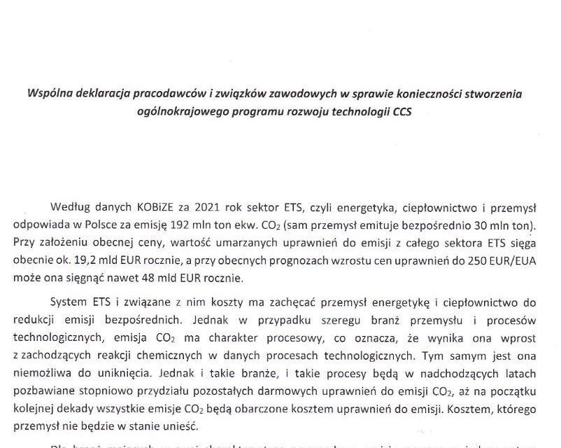 Związki zawodowe wspólnie deklarują wsparcie dla technologii CCS