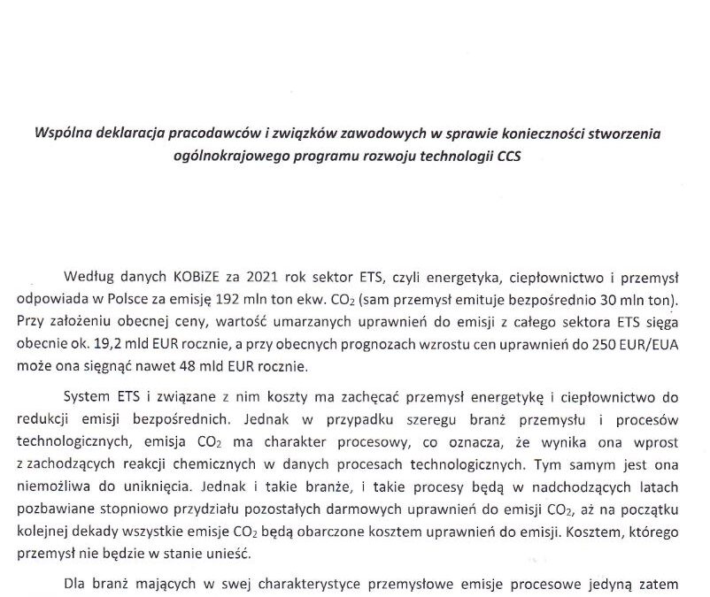 Związki zawodowe wspólnie deklarują wsparcie dla technologii CCS